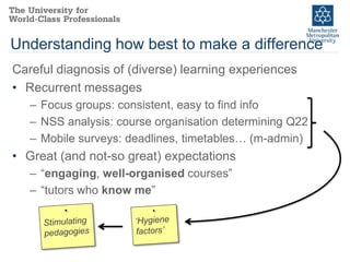 Understanding how best to make a difference
Careful diagnosis of (diverse) learning experiences
• Recurrent messages
   – Focus groups: consistent, easy to find info
   – NSS analysis: course organisation determining Q22
   – Mobile surveys: deadlines, timetables… (m-admin)
• Great (and not-so great) expectations
   – “engaging, well-organised courses”
   – “tutors who know me”
 