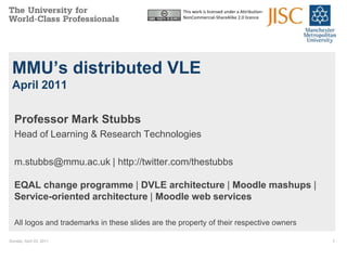 This work is licensed under a Attribution-
                                                    NonCommercial-ShareAlike 2.0 licence




 MMU’s distributed VLE
 April 2011

  Professor Mark Stubbs
  Head of Learning & Research Technologies

  m.stubbs@mmu.ac.uk | http://twitter.com/thestubbs

  EQAL change programme | DVLE architecture | Moodle mashups |
  Service-oriented architecture | Moodle web services

  All logos and trademarks in these slides are the property of their respective owners

Sunday, April 03, 2011                                                                           1
 