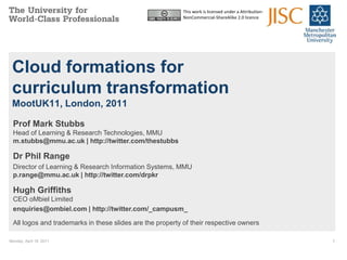 Monday, April 18, 2011 1 This work is licensed under a Attribution-NonCommercial-ShareAlike 2.0 licence Cloud formations for curriculum transformationMootUK11, London, 2011 Prof Mark StubbsHead of Learning & Research Technologies, MMUm.stubbs@mmu.ac.uk | http://twitter.com/thestubbs Dr Phil Range Director of Learning & Research Information Systems, MMUp.range@mmu.ac.uk | http://twitter.com/drpkr Hugh GriffithsCEO oMbiel Limited enquiries@ombiel.com | http://twitter.com/_campusm_ All logos and trademarks in these slides are the property of their respective owners 
