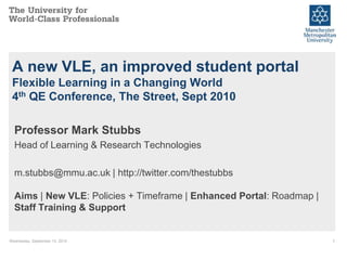Monday, September 06, 2010 1 A new VLE, an improved student portalFlexible Learning in a Changing World4th QE Conference, The Street, Sept 2010 Professor Mark Stubbs Head of Learning & Research Technologies m.stubbs@mmu.ac.uk | http://twitter.com/thestubbsAims | New VLE: Policies + Timeframe | Enhanced Portal: Roadmap | Staff Training & Support 