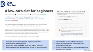 ● Jumplinks for easy navigation/UX, especially on mobile
● Nice aesthetic and easy to read
● Author and medical reviewer listed with links to their bios
● Evidence-based label with additional context on what that means
● The content is neutral and cites all sources
● Shows disclaimers & both sides of the story,
including controversies
● In-line clickable citations to sources with additional
context & fact-checking
@lilyraynyc
 
