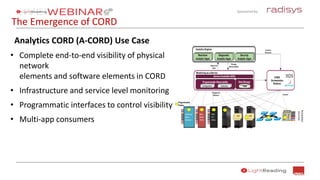 Sponsored by:
The Emergence of CORD
Analytics CORD (A-CORD) Use Case
• Complete end-to-end visibility of physical
network
elements and software elements in CORD
• Infrastructure and service level monitoring
• Programmatic interfaces to control visibility
• Multi-app consumers
 