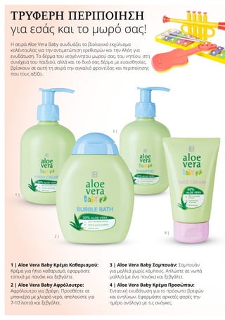 ΤΡΥΦΕΡΉ ΠΕΡΙΠΟΊΗΣΗ
για εσάς και το μωρό σας!
Η σειρά Aloe Vera Baby συνδυάζει το βιολογικό εκχύλισμα
καλέντουλας για την αντιμετώπιση ερεθισμών και την Αλόη για
ενυδάτωση. Το δέρμα του νεογέννητου μωρού σας, του νηπίου, στη
συνέχεια του παιδιού, αλλά και το δικό σας δέρμα με ευαισθησίες,
βρίσκουν σε αυτή τη σειρά την αγκαλιά φροντίδας και περιποίησης
που τους αξίζει.
1 | Aloe Vera Baby Κρέμα Καθαρισμού:
Κρέμα για ήπιο καθαρισμό, εφαρμόστε
τοπικά με πανάκι και ξεβγάλτε.
2 | Aloe Vera Baby Αφρόλουτρο:
Αφρόλουτρο για βρέφη. Προσθέστε σε
μπανιέρα με χλιαρό νερό, απολαύστε για
7-10 λεπτά και ξεβγάλτε.
3 | Aloe Vera Baby Σαμπουάν: Σαμπουάν
για μαλλιά χωρίς κόμπους. Απλώστε σε νωπά
μαλλιά (με ένα πανάκι) και ξεβγάλτε.
4 | Aloe Vera Baby Κρέμα Προσώπου:
Εντατική ενυδάτωση για το πρόσωπο βρεφών
και ενηλίκων. Εφαρμόστε αρκετές φορές την
ημέρα ανάλογα με τις ανάγκες.
1 |
2 |
3 |
4 |
 