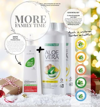 MORE
FAMILY TIME
Health  Beauty Systems GmbH
59215 Ahlen, Deutschland
www.LRworld.com
UngeöffnetmindestenshaltbarbisEnde:/Ongeopendtenminstehoudbaartoteinde:
Los-Nr.: /Lotnr:
NVloeibaarvoedingssupplementmetvitamineC,zinkenseleen
Ingrediënten:Aloevera(BarbadensisMiller)gel1(85%),bloemenhoning(8%),gembersap(6%,Zingiberoffic
geconcentreerdcitroensap(Citruslimon)(0,4%),vitaminC(L-ascorbinezuur),voedingszuur(citronenzuur),sta
(xanthaangom),conserveermiddel(kaliumsorbaat),zinkcitraat-3-hydraat,natriumseleniet.
Consumerenaanbeveling:Neemdriemaaldaags30ml(gelijkaan3dopjes).Hetbestevoordemaaltijd,ka
wordenverdundmetwaterofvruchtensap.
Aanwijzing:Schuddenvoorgebruik.Nahetopenenindekoelkastbewarenensnelconsumeren.
Deaangegevendagelijksehoeveelheiddientnietoverschredenteworden.Voedingssupplementenzijngeenver
vooreenafwisselendeengebalanceerdevoeding,diesamenmeteengezondelevensstijlvanbelangis.Produc
hetbereikvankinderenbewaren.
FlüssigesNahrungsergänzungsmittelmitVitaminC,ZinkundSelen
Zutaten:AloeVera(BarbadensisMiller)Gel1(85%),Blütenhonig(8%),Ingwersaft(Zingiberofficinale)(6%),
Zitronensaftkonzentrat (Citruslimon)(0,4%),VitaminC(L-Ascorbinsäure),Säuerungsmittel(Citronensäure),
Stabilisator(Xanthan),Konservierungsstoff(Kaliumsorbat),Zinkcitrat-3-hydrat,Natriumselenit.
Verzehrempfehlung:Dreimaltäglich30ml(entspricht3Verschlusskappen)einnehmen,ambestenvorden
Mahlzeiten(evtl.mitWasseroderFruchtsaftverdünnen).
Hinweis:VorGebrauchschütteln.NachdemÖffnenimKühlschrankaufbewahrenundzügigverbrauchen.
Dieangegebene,empfohlenetäglicheVerzehrmengedarfnichtüberschrittenwerden.Nahrungsergänzungsmit
keinErsatzfüreineabwechslungsreicheundausgewogeneErnährung,diezusammenmiteinergesundenLebe
vonBedeutungist.ProduktaußerhalbderReichweitevonkleinenKindernaufbewahren.
AT
1000 m
11 Einheit
11 eenhe
85 % Aloe Vera Blattfilet /
85 % Aloe Vera leaf fillet
Mit Ingwer, Zitrone, Honig, Vitamin C, Zink /
With ginger, lemon, honey, vitamin C, zinc
Unterstützt das Immunsystem* /
Supports the immune system*
IMMUNE PLUS* MADE IN GERMANY
Behälter 4
Wrap around label
64889_AVHoney_NEM_DE_AT_CH_NL_FR
Basisetikett (142 x 238 mm)
Leporello Basisetiektt (132 x 127 mm)
(3 mm)
Health  Beauty Systems GmbH
59215 Ahlen, Deutschland
www.LRworld.com
Ungeöffnet mindestens haltbar bis Ende: Ongeopend minstens houdbaar tot:
Avant ouverture à consommer jusqu’à fin: Chiuso da consumare preferibilmente entro
la fine di:
Los-Nr.: Lotnr.: Lot n°: Lotto numero:
HergestelltinDeutschland/MadeinGermany/FabriquéenAllemagne/ProdottoinGermania
A� FlüssigesNahrungsergänzungsmittelmitVitaminCundHonig
Zutaten: Aloe Vera Barbadensis Miller Gel (USA/Mexiko, 90 %), Blütenhonig (9 %),
Säuerungsmittel (Citronensäure), Stabilisator (Xanthan), Vitamin C
(L-Ascorbinsäure), Konservierungsstoff (Kaliumsorbat).
Verzehrempfehlung: Dreimal täglich eine bis zur Markierung befüllte Steckkappe
(= 30 ml) einnehmen, am besten vor den Mahlzeiten (evtl. mit Wasser oder
Fruchtsaft verdünnen).
Hinweis: Vor Gebrauch schütteln. Nach dem Öffnen im Kühlschrank aufbewahren
und zügig verbrauchen. Die angegebene, empfohlene tägliche Verzehrmenge darf
nicht überschritten werden. Nahrungsergänzungsmittel sind kein Ersatz für eine
abwechslungsreiche und ausgewogene Ernährung, die zusammen mit einer
gesunden Lebensweise von Bedeutung ist. Produkt außerhalb der Reichweite von
kleinen Kindern aufbewahren.
I Complément alimentaire liquide avec vitamine C et miel
Ingrédients: Gel Aloe Vera Barbadensis Miller (USA/Mexique, 90 %), Miel (9 %),
acidifiant (acide citrique), stabilisateur (xanthane), vitamine C (L-acide ascorbique),
conservateur (sorbate de potassium).
Indication: Consommer 3 fois par jour 30 ml de gel à boire Aloe Vera Miel (contenu
équivalent à 1 bouchon), de préférence avant les repas. Eventuellement diluer avec
de l’eau ou du jus de fruits.
Attention: Agiter avant l’emploi. Conserver au réfrigérateur après ouverture et
consommer rapidement. La dose quotidienne recommandée ne doit pas être dépassée.
Les compléments alimentaires ne sauraient pas remplacer une alimentation variée et
équilibrée et un mode de vie sain. Tenir hors de la portée des enfants.
N Vloeibaar voedingssupplement met vitamine C en honing
Ingrediënten: Aloe Vera Barbadensis Miller Gel (USA/Mexico, 90 %),
bloesemhoning (9 %), zuurmiddel (citroenzuur), stabilisator (xanthaan), vitamine C
(L-ascorbinezuur), bewaarmiddel (kaliumsorbaat).
Gebruiksaanbeveling: 3 maal dagelijks een tot de markering gevulde dop (= 30 ml)
innemen, best voor de maaltijd (eventueel met water of fruitsap verdunnen).
Aanwijzing: Schudden voor gebruik. Na het openen in de koelkast bewaren en snel
nuttigen. De aangegeven dagelijkse hoeveelheid dient niet overschreden te worden.
Voedingssupplementen zijn geen vervanging voor een afwisselende en
gebalanceerde voeding, die samen met een gezonde levensstijl van belang is.
Product buiten het bereik van kinderen bewaren.
1000 ml
11 Einheiten** / 11 eenheden** /
11 unités** / 11 porzioni**
M Integratore alimentare liquido con vitamina C e miele
Ingredienti: Aloe Vera Barbadensis Miller Gel (USA/Messico, 90 %), miele millefiori (9 %),
acidificante (acido citrico), stabilizzante (xantano), vitamina C (acido L-ascorbico),
conservante (sorbato di potassio).
Consigli per l'assunzione: Assumere per tre volte al giorno un tappo di chiusura pieno
fino alla tacca (= 30 ml), preferibilmente prima dei pasti (si può diluire con acqua o
succo di frutta).
Avvertenze:Agitare prima dell'uso. Dopo l'apertura conservare in frigorifero e consumare
entro quattro settimane. La dose giornaliera consigliata non deve essere superata. Gli
integratori alimentari non sostituiscono un'alimentazione sana ed equilibrata che è
importanteassiemeadunostiledivitasano.Tenerelontanodallaportatadeibambinipiccoli.
Importato e distribuito in Italia da:
LR Health  Beauty Systems srlu
Via Pitagora 3
20016 Pero (MI), Italia
Nährstoffe pro 100 ml pro90ml(=3x30ml)**
Vitamin C
* der Referenzmenge für die tägliche Zufuhr
*dumontantderéférencepourl’apportjournalier
67mg(84%*) 60mg(75%*)
Voedingsstoffen per 100 ml per90ml(=3x30ml)**
Vitamine C
* Percentage van de aanbevolen dagelijkse hoeveelheid
67mg(84%*) 60mg(75%*)
Elementi nutritivi per 100 ml per90ml(=3x30ml)**
Vitamina C
* % della dose giornaliera di riferimento
67mg(84%*) 60mg(75%*)
Nutriments par 100 ml par90ml(=3x30ml)**
Vitamine C 67mg(84%*) 60mg(75%*)
65663
This product is certified by:
WWW.SGS-QUALITAETSSIEGEL.DE WWW.IASC.ORG
90% reines Aloe Vera Blattfilet /
90% pure Aloe Vera leaf fillet
9% Honig /
9% Honey
Traditionelle Formel /
Traditional formula
TRADITIONAL HONEY
Behälter 4
Wrap around label
64889_AVHoney_NEM_DE_AT_CH_NL_FR
Basisetikett (142 x 238 mm)
Leporello Basisetiektt (132 x 127 mm)
(3 mm)
Los-Nr.: Lotnr.: Lot n°:
Health  Beauty Systems GmbH
59215 Ahlen, Deutschland
www.LRworld.com
Ungeöffnet mindestens haltbar bis Ende: Ongeopend minstens houdbaar tot:
Avant ouverture à consommer jusqu’à fin:
HergestelltinDeutschland/MadeinGermany/FabriquéenAllemagne
A� FlüssigesNahrungsergänzungsmittelmitVitaminC,Pfirsichgeschmack,mit
Süßungsmitteln–ohneZuckerzusatz*
Zutaten:AloeVeraBarbadensisMillerGel(USA/Mexiko,98%),Süßungsmittel(Natriumcyclamat,
AcesulfamK,Natriumsaccharin),Inulin,Stabilisator(Xanthan),Säuerungsmittel(Citronensäure),
VitaminC(L-Ascorbinsäure),Aroma,Konservierungsstoff(Kaliumsorbat).
Verzehrempfehlung:DreimaltäglicheinebiszurMarkierungbefüllteSteckkappe
(=30ml)einnehmen,ambestenvordenMahlzeiten(evtl.mitWasseroderFruchtsaftverdünnen).
Hinweis:VorGebrauchschütteln.NachdemÖffnenimKühlschrankaufbewahrenundzügig
verbrauchen.Dieangegebene,empfohlenetäglicheVerzehrmengedarfnichtüberschrittenwerden.
NahrungsergänzungsmittelsindkeinErsatzfüreineabwechslungsreicheundausgewogeneErnährung,
diezusammenmiteinergesundenLebensweisevonBedeutungist.
ProduktaußerhalbderReichweitevonkleinenKindernaufbewahren.
1000 ml
11 Einheiten*** / 11 eenheden*** / 11 unités***
* Enthält von Natur aus Zucker.
** der Referenzmenge für die tägliche Zufuhr
I ComplémentalimentaireliquideavecvitamineC,àl’arômedepêcheetavec
édulcorants–sanssucreajouté*
Ingrédients:GelAloeVeraBarbadensisMiller(USA/Mexique,98%),édulcorants(cyclamatede
sodium,acésulfameK,saccharinesodique),inuline,stabilisant(gommedexanthane),acidifiant(acide
citrique),vitamineC(acideL-ascorbique),arôme,conservateur(sorbatedepotassium).
Indication: Consommer3foisparjour30mldegelàboireAloeVeraPêche(contenuéquivalentà3
bouchons),depréférenceavantlesrepas.Eventuellementdilueravecdel’eauoudujusdefruits.
Attention:Agiteravantl’emploi.Conserverauréfrigérateuraprèsouvertureetconsommerrapidement.
Ladosequotidiennerecommandéenedoitpasêtredépassée.Lescomplémentsalimentairesne
sauraientpasremplacerunealimentationvariéeetéquilibréeetunmodedeviesain.
Tenirhorsdelaportéedesenfants.
N VloeibaarvoedingssupplementmetvitamineC,perziksmaak,metzoetmiddel-zonder
toegevoegdesuikers*
Ingrediënten:AloeVeraBarabadensisMillerGel(USA/Mexico,98%),zoetmiddel(natriumcyclamaat,
acesulfaamK,natriumsaccharine),inuline,stabilisator(xanthaan),zuurmiddel(citroenzuur),vitamineC
(L-ascorbinezuur),aroma,bewaarmiddel(kaliumsorbaat).
Gebruiksaanbeveling:3maaldagelijkseentotdemarkeringgevuldedop(=30ml)innemen,best
voordemaaltijd(eventueelmetwateroffruitsapverdunnen).
Aanwijzing:Schuddenvoorgebruik.Nahetopenenindekoelkastbewarenensnelnuttigen.De
aanbevolendagelijksehoeveelheiddientnietoverschredenteworden.Voedingssupplementenzijngeen
vervangingvooreenafwisselendeengebalanceerdevoeding,diesamenmeteengezondelevensstijlvan
belangis.Productbuitenhetbereikvankinderenbewaren.
Nährwerte pro 100 ml pro90ml(=3x30ml)***
Brennwert
Fett
- davon gesättigte Fettsäuren
Kohlenhydrate
- davon Zucker
Eiweiß
Salz
Vitamin C
15 kJ / 4 kcal
 0,5 g
 0,1 g
0,7 g
 0,5 g
 0,5 g
0,02 g
89 mg (111 %**)
14 kJ / 4 kcal
 0,5 g
 0,1 g
0,6 g
 0,5 g
 0,5 g
0,02 g
80 mg (100 %**)
* Bevat van nature suiker, met zoetstoffen.
** Percentage van de aanbevolen dagelijkse hoeveelheid
Voedingswaarden per 100 ml per90ml(=3x30ml)***
Energie
Vet
- daarvan verzadigde vetzuren
Koolhydraten
- daarvan suiker
Eiwit
Zout
Vitamine C
15 kJ / 4 kcal
 0,5 g
 0,1 g
0,7 g
 0,5 g
 0,5 g
0,02 g
89 mg (111 %**)
14 kJ / 4 kcal
 0,5 g
 0,1 g
0,6 g
 0,5 g
 0,5 g
0,02 g
80 mg (100 %**)
* Contient des sucres naturellement présents, avec édulcorants.
** du montant de référence pour l’apport journalier
Valeurs nutritionnelles par 100 ml par90ml(=3x30ml)***
Calories
Glucides
- dont sucres
Hydrates de carbon
- présence de sucre
Protéines
Sel
Vitamine C
15 kJ / 4 kcal
 0,5 g
 0,1 g
0,7 g
 0,5 g
 0,5 g
0,02 g
89 mg (111 %**)
14 kJ / 4 kcal
 0,5 g
 0,1 g
0,6 g
 0,5 g
 0,5 g
0,02 g
80 mg (100 %**)
65665
This product is certified by:
98% reines Aloe Vera Blattfilet /
98% pure Aloe Vera leaf fillet
Ohne Zuckerzusatz* /
No added sugar*
PEACH FLAVOUR
Behälter 4
Wrap around label
Basisetikett (142 x 238 mm)
Leporello Basisetiektt (132 x 127 mm)
(3 mm)
Los-Nr.: Lotnr.: Lot n°: Lotto numero:
Health  Beauty Systems GmbH
59215 Ahlen, Deutschland
www.LRworld.com
Ungeöffnet mindestens haltbar bis Ende: Ongeopend minstens houdbaar tot:
Avant ouverture à consommer jusqu’à fin: Chiuso da consumare preferibilmente entro
la fine di:
HergestelltinDeutschland/MadeinGermany/FabriquéenAllemagne/
ProdottoinGermania
1000 ml
11 Einheiten* / 11 eenheden* /
11 unités* / 11 porzioni*
Indication:Consommer3foisparjourle
contenude3bouchons(~30ml),de
préférenceavantlesrepas.
Eventuellementdilueravecdel'eauoudu
jusdefruits.Agitezavantemploi.
Attention:Ilnefautpasconsommer
plusquelaquantitéquotidienne
recommandée.Lescompléments
alimentairesnesauraientremplacerune
alimentationvariéeetéquilibrée,facteur
importantaumêmetitrequ'unmodede
viesain.Conservezleproduithorsde
portéedesenfantsenbasâge.Conserver
auréfrigérateuraprèsouvertureet
consommerrapidement.
Consigliperl'assunzione:
Assumerepertrevoltealgiornoun
tappodichiusurapienofinoalla
tacca(=30ml),preferibilmente
primadeipasti(sipuòdiluirecon
acquaosuccodifrutta).
Avvertenze:Agitareprima
dell'uso.Dopol'aperturaconservare
infrigoriferoeconsumareentro
quattrosettimane.Ladose
giornalieraconsigliatanondeve
esseresuperata.Gliintegratori
alimentarinonsostituiscono
un'alimentazionesanaed
equilibratacheèimportante
assiemeadunostiledivitasano.
Tenerelontanodallaportatadei
bambinipiccoli.
A � LebensmittelzubereitungausAloeVeraGel,HonigundBrennnessel-Extrakt
Zutaten: Aloe Vera Barbadensis Miller Gel (USA/Mexiko, 90 %), Blütenhonig (7 %),
Brennnessel-Extrakt (2 %), Säuerungsmittel (Citronensäure), Stabilisator (Xanthan),
Antioxidationsmittel (L-Ascorbinsäure), Konservierungsstoff (Kaliumsorbat).
Verzehrempfehlung: Dreimal
täglich eine bis zur Markierung
befüllte Steckkappe (= 30 ml)
einnehmen, am besten vor den
Mahlzeiten (evtl. mit Wasser oder
Fruchtsaft verdünnen).
Hinweis: Nach dem Öffnen im
Kühlschrank aufbewahren und zügig
verbrauchen.
N BereidinguitAloëVeraGel,honingenbrandnetelextract
Ingrediënten:AloëVeraBarbadensisMillerGel(USA/Mexico,90%),bloesemhoning(7%),
Brandnetelextract(2%),verzuringmiddel(Citroenzuren),Stabilisator(Xanthine),
Antioxidatiemiddel(L-Ascorbinezuur),conserveringsmiddel(kaliumsorbaat).
Gebruiksaanbeveling:Per dag
3 x een tot de markering gevulde dop
(= 30 ml) nuttigen, best voor de
maaltijd (eventueel met water of
fruitsap verdunnen).
Aanwijzing:Na het openen in de
koelkast bewaren en zo snel mogelijk
gebruiken.
I Complémentalimentaireàl‘AloeVera,aumieletauxextraitsd‘orties
Ingrédients:GelAloeVeraBarbadensisMiller(enprovenancedeUSA/Méxique,90%),miel
(7%),extraitsd’orties(2%),acidifiant(acidecitrique),stabilisateur(xanthane),anti-oxydant
(acideascorbique),conservateur(sorbatedepotassium).
M PreparazionealimentareabasediAloeVeragel,mieleedestrattod'ortica
Ingredienti:AloeVeraBarbadensisMillerGel(USA/Messico,90%),mielemillefiori(7%),
estrattod‘ortica(2%),acidificante(acidocitrico),stabilizzante(xantano),antiossidante(acido
L-ascorbico),conservante(sorbatodipotassio).
Nährwerte pro 100 ml
pro90ml
(=3x30ml)*
Brennwert
Fett
-davongesättigte
Fettsäuren
Kohlenhydrate
-davonZucker
Eiweiß
Salz
108kJ/25kcal
0,5g
0,1g
6,0 g
5,2 g
0,5g
0,01g
97kJ/23kcal
0,5g
0,1g
5,4 g
4,7 g
0,5g
0,01g
Voedingswaarden per 100 ml
per90ml
(=3x30ml)*
Energie
Vet
-waarvanverzadigde
vetzuren
Koolhydraten
- waarvan suiker
Proteïnen
Zout
108kJ/25kcal
0,5g
0,1g
6,0 g
5,2 g
0,5g
0,01g
97kJ/23kcal
0,5g
0,1g
5,4 g
4,7 g
0,5g
0,01g
Valorinutrizionali in 100 ml
in90ml
(=3x30ml)*
Valore energetico
Grassi
- di cui acidi
grassi
Carboidrati
- di cui zuccheri
Proteine
Sale
108 kJ / 25 kcal
0,5g
0,1g
6,0 g
5,2 g
0,5g
0,01g
97kJ/23kcal
0,5g
0,1g
5,4 g
4,7 g
0,5g
0,01g
Valeurs
nutritionnelles par 100 ml
par90ml
(=3x30ml)*
Valeurcalorique
Lipides
-dontacidesgras
saturés
Glucides
- dont sucre
Protéines
Sel
108kJ/25kcal
0,5g
0,1g
6,0 g
5,2 g
0,5g
0,01g
97kJ/23kcal
0,5g
0,1g
5,4 g
4,7 g
0,5g
0,01g
ImportatoedistribuitoinItaliada:
LRHealthBeautySystemssrlu
ViaPitagora3
20016Pero(MI),Italia
65668
This product is certified by:
WWW.SGS-QUALITAETSSIEGEL.DE WWW.IASC.ORG
90% reines Aloe Vera Blattfilet /
90% pure Aloe Vera leaf fillet
Mit Brennesselextrakt /
With nettle extract
INTENSE SIVERA
Behälter 4
Wrap around label
64889_AVHoney_NEM_DE_AT_CH_NL_FR
Basisetikett (142 x 238 mm)
Leporello Basisetiektt (132 x 127 mm)
(3 mm)
Health  Beauty Systems GmbH
59215 Ahlen, Deutschland
www.LRworld.com
Ungeöffnet mindestens haltbar bis Ende: Ongeopend minstens houdbaar tot:
Avant ouverture à consommer jusqu’à fin: Chiuso da consumare preferibilmente
entro la fine di:
Los-Nr.: Lotnr.: Lot n°: Lotto numero:
HergestelltinDeutschland/MadeinGermany/FabriquéenAllemagne/ProdottoinGermania
A � � FlüssigesNahrungsergänzungsmittelmitVitaminEundC
Zutaten:AloeVeraBarbadensisMillerGel(USA/Mexiko,88%),Fruktose,Kollagenhydrolysat,
Orangensaftkonzentrat,Chondroitinsulfat(0,5%),Glucosaminsulfat,Säuerungsmittel
(Citronensäure),Stabilisator(Xanthan),Konservierungsstoff(Kaliumsorbat),natürliches
Orangenaroma,VitaminC(L-Ascorbinsäure),VitaminE(DL-alpha-Tocopherylacetat).
Verzehrempfehlung:DreimaltäglicheinebiszurMarkierungbefüllteSteckkappe(=30ml)
einnehmen,ambestenvordenMahlzeiten(evtl.mitWasseroderFruchtsaftverdünnen).
Hinweis:VorGebrauchschütteln.NachdemÖffnenimKühlschrankaufbewahrenundzügig
verbrauchen.Dieangegebene,empfohlenetäglicheVerzehrmengedarfnichtüberschritten
werden.NahrungsergänzungsmittelsindkeinErsatzfüreineabwechslungsreicheund
ausgewogeneErnährung,diezusammenmiteinergesundenLebensweisevonBedeutungist.
ProduktaußerhalbderReichweitevonKindernaufbewahren.
*VitaminCträgtzueinernormalenKollagenbildungfüreinenormaleKnorpelfunktionbei./
*VitaminCcontributestonormalcollagenformationforthenormalfunctionofcartilage.
**derReferenzmengefürdietäglicheZufuhr
IComplémentalimentaireliquideavecvitamineEetC
Ingrédients:GelAloeVeraBarbadensisMiller(USA/Mexique,88%),fructose,hydrolysatede
collagène,concentrédejusd'orange,sulfatedechondroïtine(0,5%),sulfatede
glucosamine,acidifiant(acidecitrique),stabilisant(gommedexanthane),conservateurs
(sorbatedepotassium),arômenatureld'orange,vitamineC(acideL-ascorbique),vitamineE
(DL-alpha-acétatedetocophéryle).
Indication: Consommer3foisparjour30mldegelàboireAloeVeraFreedom(contenuéquivalentà
3bouchons),depréférenceavantlesrepas.Eventuellementdilueravecdel’eauoudujusdefruits.
Attention:Agiteravantl’emploi.Conserverauréfrigérateuraprèsouvertureetconsommer
rapidement.Ladosequotidiennerecommandéenedoitpasêtredépassée.Lescompléments
alimentairesnesauraientpasremplacerunealimentationvariéeetéquilibréeetunmodede
viesain.Tenirhorsdelaportéedesenfants.
N VloeibaarvoedingssupplementmetvitamineEenC
Ingrediënten:AloeVeraBarbadensisMillerGel(USA/Mexico,88%),fructose,
collageenhydrolysaat,sinaasappelconcentraat,chondroitinsulfaat(0,5%),glucosaminesulfaat,
voedingszuur(citroenzuur),stabilisator(xanthaan),bewaarmiddelen(kaliumsorbaat),natuurlijke
sinaasappelaroma,vitamineC(L-ascorbinezuur),vitamineE(DL-alfa-Tocopherylacetaat).
Gebruiksaanbeveling:3maaldagelijkseentotdemarkeringgevuldedop(=30ml)innemen,
bestvoordemaaltijd(eventueelmetwateroffruitsapverdunnen).
Aanwijzing:Schuddenvoorgebruik.Nahetopenenindekoelkastbewarenensnelnuttigen.
Deaangegevendagelijksehoeveelheiddientnietoverschredenteworden.Voedingssupple-
mentenzijngeenvervangingvooreenafwisselendeengebalanceerdevoeding,diesamenmet
eengezondelevensstijlvanbelangis.Productbuitenhetbereikvankinderenbewaren.
1000 ml
11 Einheiten*** /
11eenheden*** /
11 unités*** /
11porzioni***
M IntegratorealimentareliquidoconvitaminaEeC
Ingredienti:AloeVeraBarbadensisMillerGel(USA/Messico,88%),fruttosio,collagene
idrolizzato,succod’aranciaconcentrato,solfatodicondroitina(0,5%),solfatodiglucosamina,
acidificante(acidocitrico),stabilizzante(xantano),conservante(sorbatodipotassio),aroma
naturaleall‘arancia,vitaminaC(acidoL-ascorbico),vitaminaE(DL-alfa-tocoferilacetato).
Consigliperl'assunzione:Assumerepertrevoltealgiornountappodichiusurapienofino
allatacca(=30ml),preferibilmenteprimadeipasti(sipuòdiluireconacquaosuccodifrutta).
Avvertenze:Agitareprimadell‘uso.Dopol’aperturaconservareinfrigoriferoeconsumare
entroquattrosettimane.Nonsuperareladosegiornalieraconsigliata.Gliintegratorinon
sostituisconoun’alimentazionevariaedequilibratacheèimportanteavereinsiemeaduno
stiledivitasano.Conservareilprodottoalriparodallaportatadeibambinipiccoli.
Importato e distribuito in Italia da:
LR Health  Beauty Systems srlu
Via Pitagora 3
20016 Pero (MI), Italia
Vitamin E (α-TE)
Vitamin C
8,0 mg (67 %**)
50 mg (63 %**)
7,2 mg (60 %**)
45 mg (56 %**)
Nährstoffe pro 100 ml pro90ml(=3x30ml)***
*LavitamineCcontribueàlaformationnormaledecollagènepourassurerla
fonctionnormaledescartilages.
** du montant de référence pour l’apport journalier
Vitamine E (α-TE)
Vitamine C
8,0 mg (67 %**)
50 mg (63 %**)
7,2 mg (60 %**)
45 mg (56 %**)
Nutriments par 100 ml par90ml(=3x30ml)***
*VitamineCdraagtbijtoteennormalecollageenproductievooreennormale
gewrichtsfunctie.
**Percentagevandeaanbevolendagelijksehoeveelheid
Vitamine E (α-TE)
Vitamine C
8,0 mg (67 %**)
50 mg (63 %**)
7,2 mg (60 %**)
45 mg (56 %**)
Voedingsstoffen per 100 ml per90ml(=3x30ml)***
*LavitaminaCcontribuisceadunanormaleformazionedelcollageneperuna
funzionenormaledellecartilagini.
**dosegiornalieradiriferimento
Vitamina E (α-TE)
Vitamina C
8,0 mg (67 %**)
50 mg (63 %**)
7,2 mg (60 %**)
45 mg (56 %**)
Elementi nutritivi per 100 ml per90ml(=3x30ml)***
65661
This product is certified by:
WWW.SGS-QUALITAETSSIEGEL.DE WWW.IASC.ORG
Vertrieb in der Schweiz durch:
LR Health  Beauty Systems AG
Turmstrasse 30
6312 Steinhausen, Schweiz
ACTIVE FREEDOM
88% reines Aloe Vera Blattfilet /
88% pure Aloe Vera leaf fillet
Unterstützung für Gelenke* /
Support for joints*
GRATIS
Aloe Vera
Emergency Spray
Zu jedem 2er-Set Aloe Vera Drin-
king Gel nach Wahl bekommst du
ein Aloe Vera Schnelles Notfallspray
gratis dazu! Es beruhigt und kühlt
die Haut mit 83 % Aloe Vera-Gel,
12 Kräuteressenzen und dem
Bienenharz Propolis. Ideal
für die ganze Familie!
2 x Aloe Drinking Gel
nach Wahl
(Traditionell mit Honig, Immune
Plus, Pfirsich-Geschmack, Active
Freedom oder Intense Sivera)
+ 1 Aloe Vera Schnelles
Notfallspray gratis
GESCHENK-SET
Auch in anderen
Sorten erhältlich
+
43
CHRISTMAS 2021
Shop : www.eimkaufen-ab-werk.de
LR www.lrworld.com/schweizer
 