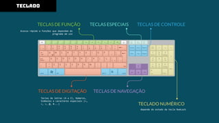 teclado
Acesso rápido a funções que dependem do
programa em uso
depende do estado da tecla NumLock
Teclas de letras (A a Z), Números,
Símbolos e caracteres especiais (=,
<, >, @, #...)
 