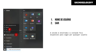 1. Nome de usuário
2. Sair
A sessão é encerrada e a estação fica
disponível para logon por qualquer usuário
Alguns computadores possuem um botzão de
liga/desliga na fonte de alimentação, na parte
de trás do gabinete, que deve ser ligado após
ligar a fonte de energia.
saindo/logoff
1
2
 
