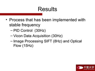 Results
• Process that has been implemented with
stable frequency
– PID Control (30Hz)
– Vicon Data Acquisition (30Hz)
– Image Processing SIFT (8Hz) and Optical
Flow (15Hz)
 