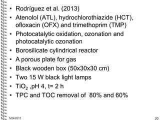 • Rodríguez et al. (2013)
• Atenolol (ATL), hydrochlorothiazide (HCT),
ofloxacin (OFX) and trimethoprim (TMP)
• Photocatal...