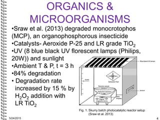 ORGANICS &
MICROORGANISMS
5/24/2015 4
•Sraw et al. (2013) degraded monocrotophos
(MCP), an organophosphorous insecticide
•...