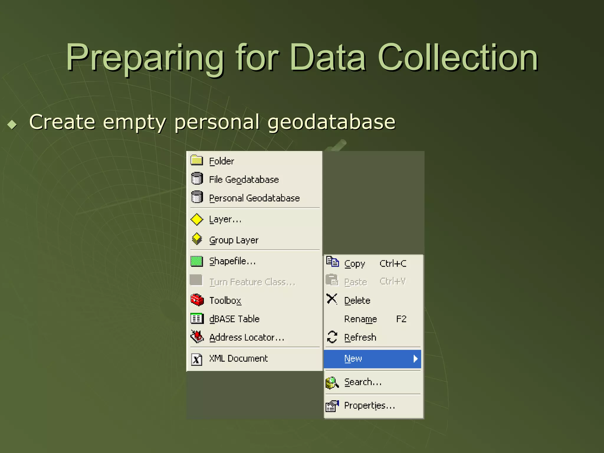 Preparing for Data Collection
Create empty personal geodatabase
 