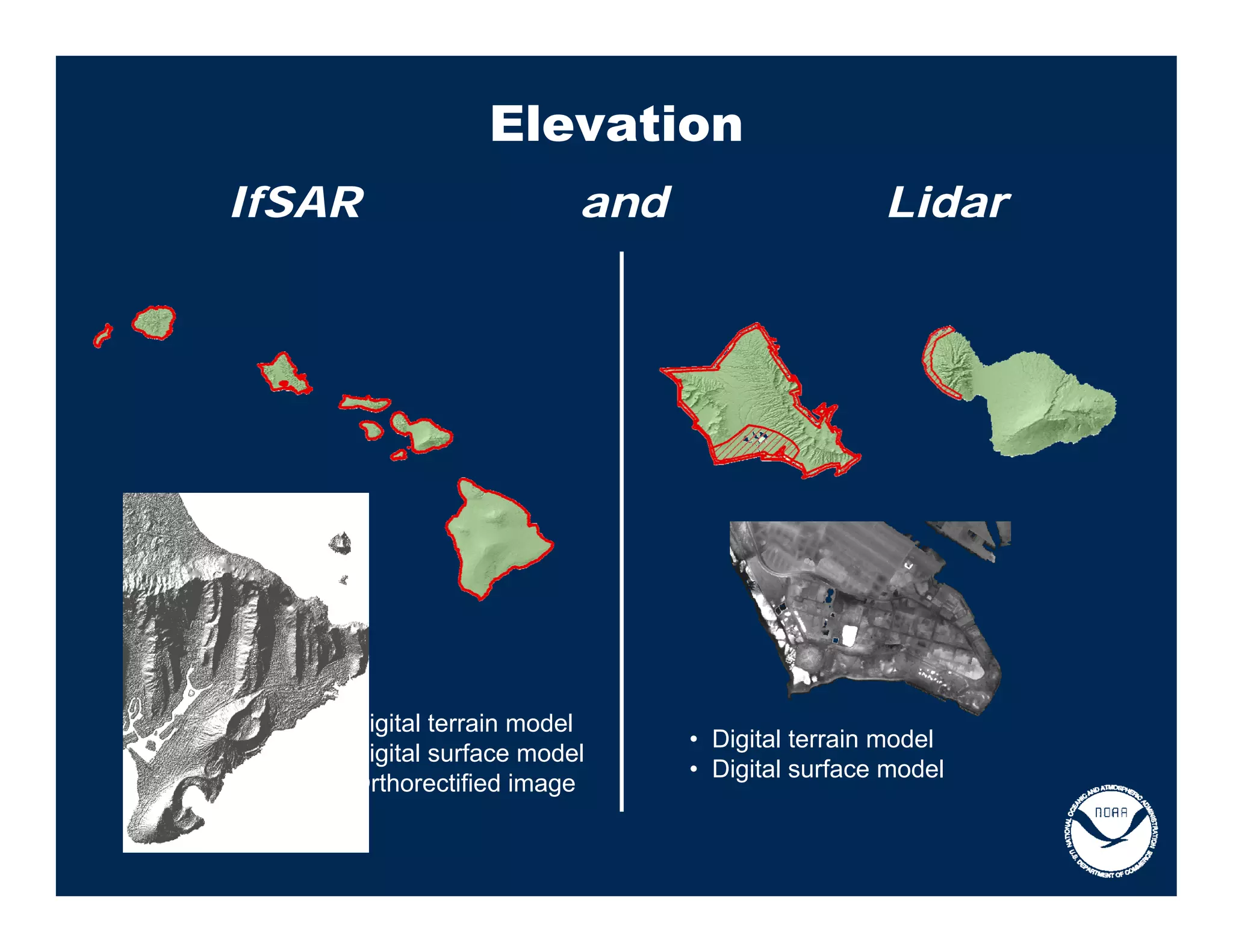Elevation
IfSAR                    and                    Lidar




   • Digital terrain model
                               • Digital terrain model
   • Digital surface model
                               • Digital surface model
   • Orthorectified image
 