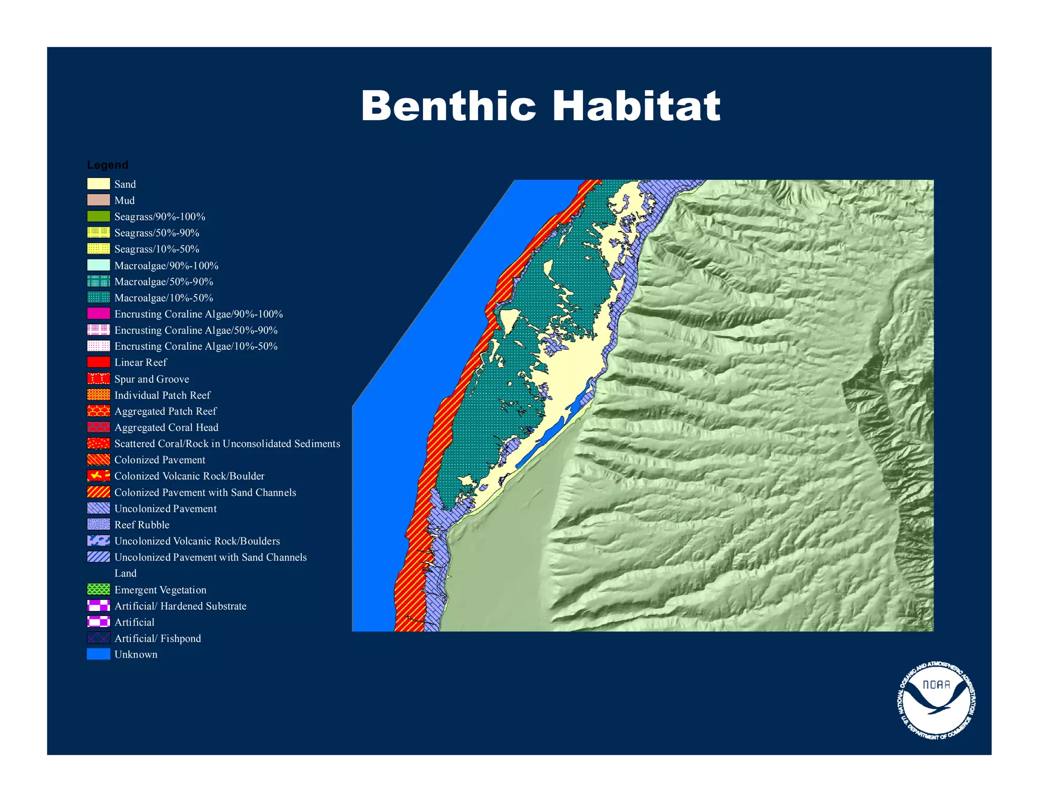Benthic Habitat
Legend
   Sand
   Mud
   Seagrass/90%-100%
   Seagrass/50%-90%
   Seagrass/10%-50%
   Macroalgae/90%-100%
   Macroalgae/50%-90%
   Macroalgae/10%-50%
   Encrusting Coraline Algae/90%-100%
   Encrusting Coraline Algae/50%-90%
   Encrusting Coraline Algae/10%-50%
   Linear Reef
   Spur and Groove
   Individual Patch Reef
   Aggregated Patch Reef
   Aggregated Coral Head
   Scattered Coral/Rock in Unconsolidated Sediments
   Colonized Pavement
   Colonized Volcanic Rock/Boulder
   Colonized Pavement with Sand Channels
   Uncolonized Pavement
   Reef Rubble
   Uncolonized Volcanic Rock/Boulders
   Uncolonized Pavement with Sand Channels
   Land
   Emergent Vegetation
   Artificial/ Hardened Substrate
   Artificial
   Artificial/ Fishpond
   Unknown
 