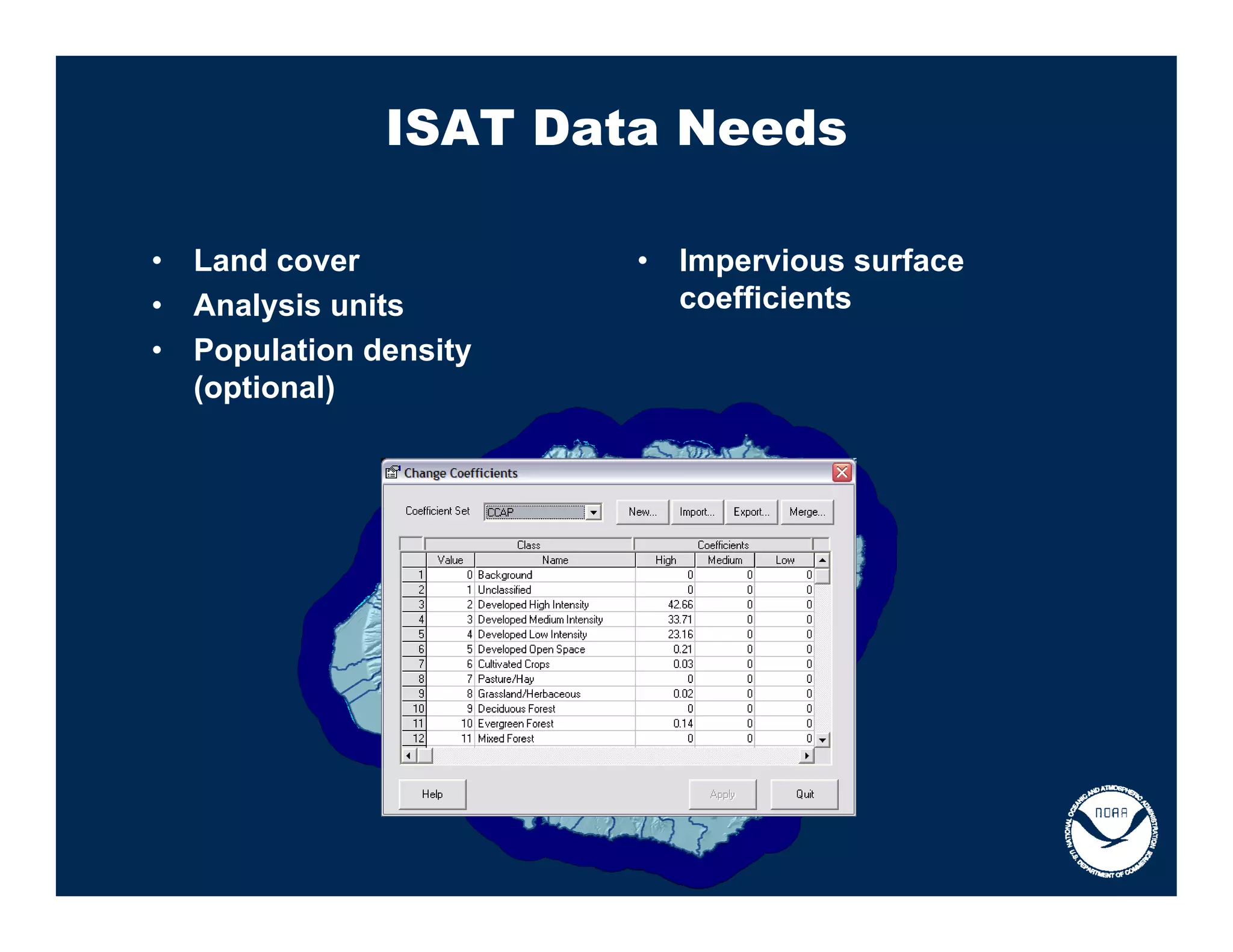 ISAT Data Needs

•   Land cover           •   Impervious surface
•   Analysis units           coefficients
•   Population density
    (optional)
 