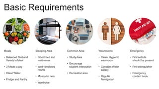 Basic Requirements
Meals
• Balanced Diet and
Variety in Meal
• 3 Meals aday
• Clean Water
• Fridge and Pantry
SleepingArea
• Good bed and
mattresses
• Well ventilated
rooms
• Mosquito nets
• Wardrobe
Common Area
• StudyArea
• Encourage
student interaction
• Recreation area
Washrooms
• Clean, Hygienic
washroom
• Constant Water
supply
• Regular
Fumigation
Emergency
• First aid kits
should be present
• Fire extinguisher
• Emergency
contact book
 