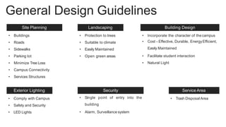 General Design Guidelines
Site Planning
• Buildings
• Roads
• Sidewalks
• Parking lot
• Minimize Tree Loss
• Campus Connectivity
• Services Structures
Landscaping
• Protection to trees
• Suitable to climate
• Easily Maintained
• Open green areas
Building Design
• Incorporate the character of thecampus
• Cost - Effective, Durable, EnergyEfficient,
Easily Maintained
• Facilitate student interaction
• Natural Light
Exterior Lighting
• Comply with Campus
• Safety and Security
• LED Lights
Service Area
• Trash Disposal Area
Security
• Single point of entry into the
building
• Alarm, Surveillance system
 
