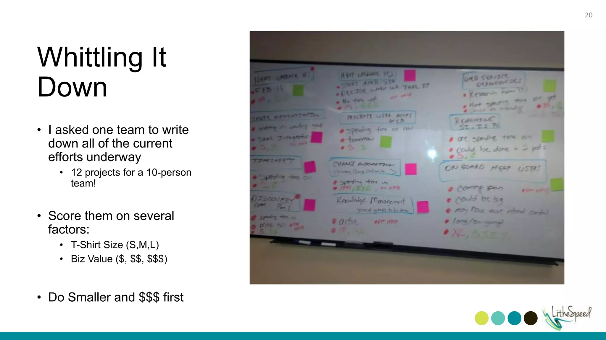 Whittling It
Down
• I asked one team to write
down all of the current
efforts underway
• 12 projects for a 10-person
team!
• Score them on several
factors:
• T-Shirt Size (S,M,L)
• Biz Value ($, $$, $$$)
• Do Smaller and $$$ first
20
 