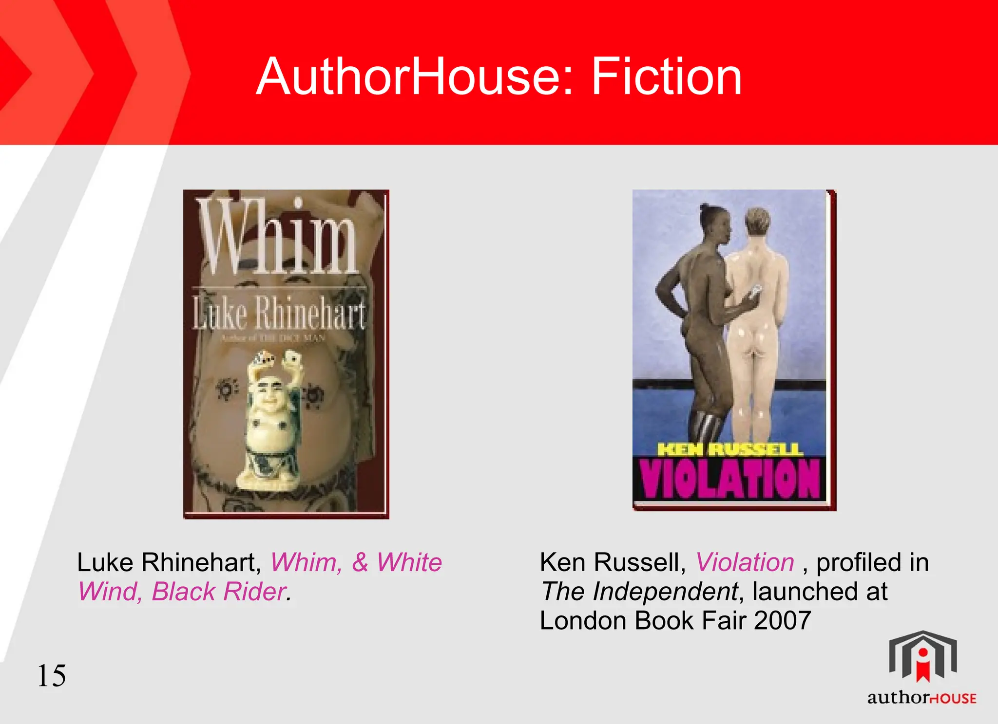 AuthorHouse: Fiction  Ken Russell,  Violation  , profiled in  The Independent , launched at London Book Fair 2007 Luke Rhinehart,  Whim, & White Wind, Black Rider . 