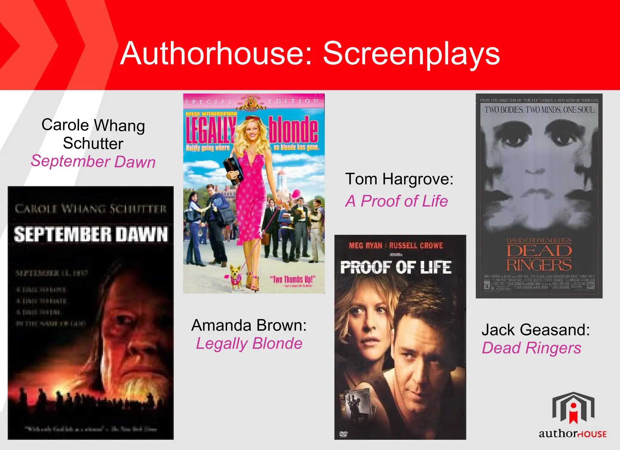 Authorhouse : Screenplays Carole Whang Schutter  September Dawn Amanda Brown: Legally Blonde Tom Hargrove:  A Proof of Life Jack Geasand: Dead Ringers 