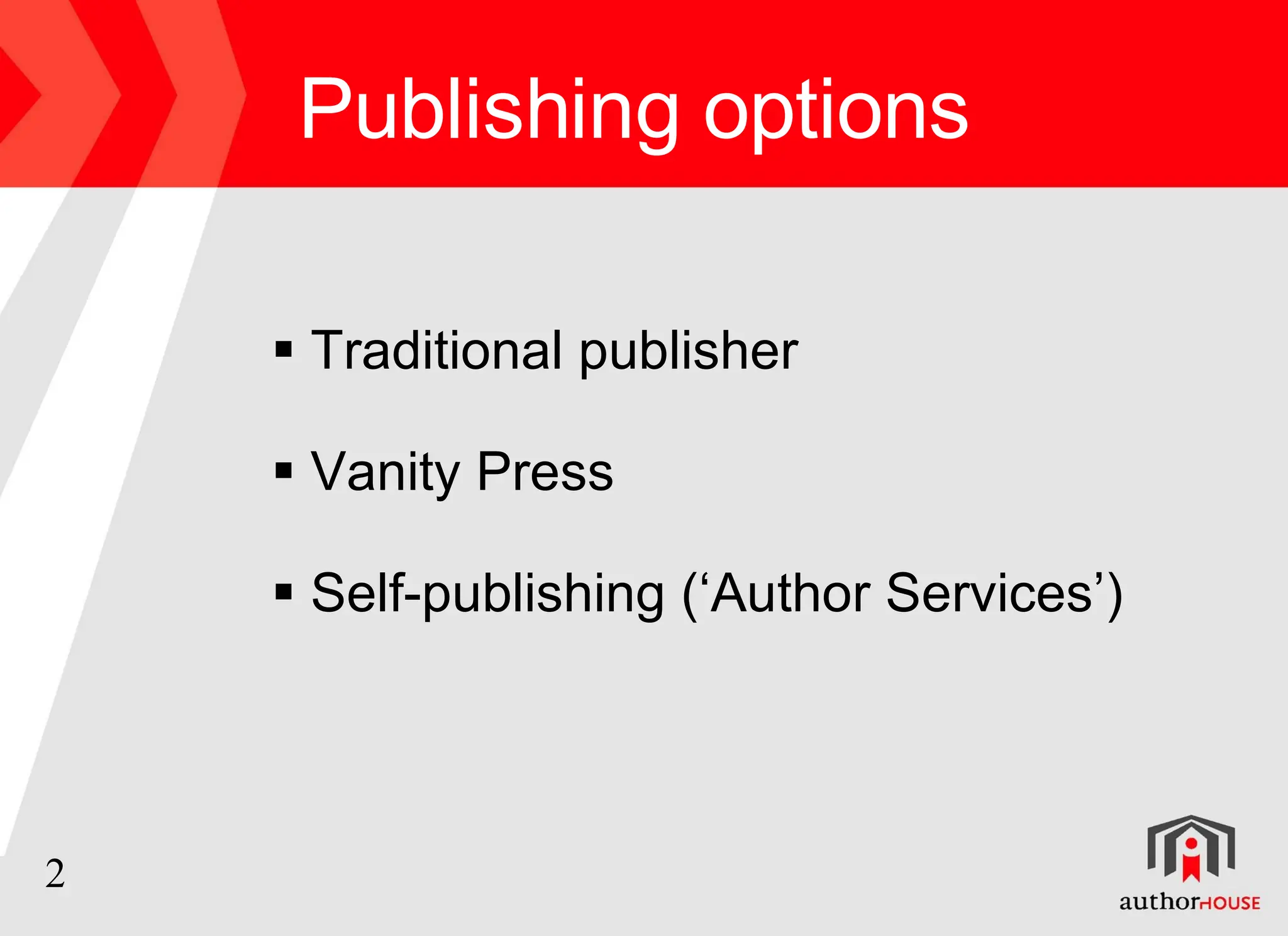 Publishing  o ptions Traditional publisher Vanity Press Self-publishing (‘Author Services’) 