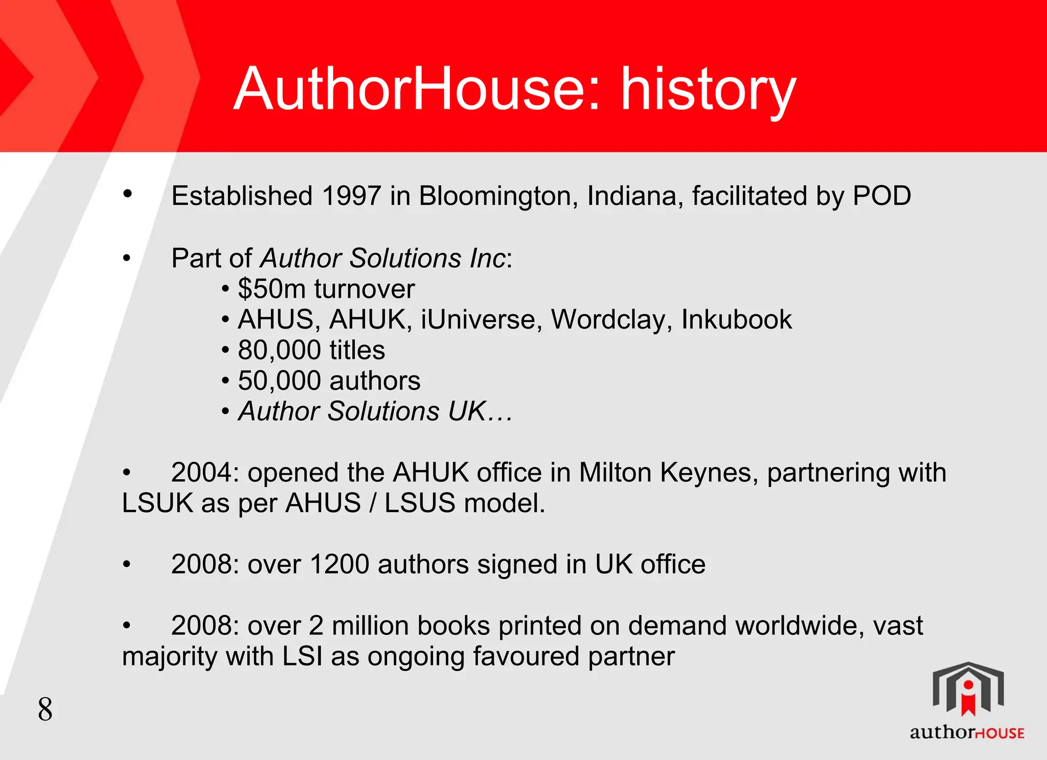 AuthorHouse: history Established 1997 in Bloomington, Indiana, facilitated by POD Part of  Author Solutions Inc : $50m turnover AHUS, AHUK, iUniverse, Wordclay, Inkubook 80,000 titles 50,000 authors Author Solutions UK… 2004: opened the AHUK office in Milton Keynes, partnering with  LSUK as per AHUS / LSUS model. 2008: over 1200 authors signed in UK office 2008: over 2 million books printed on demand worldwide, vast  majority with LSI as ongoing favoured partner 