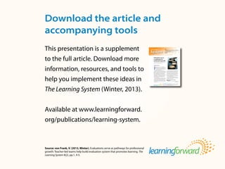 Source: von Frank, V. (2013, Winter). Evaluations serve as pathways for professional
growth: Teacher-led teams help build evaluation system that promotes learning. The
Learning System 8(2), pp.1, 4-5.
This presentation is a supplement
to the full article. Download more
information, resources, and tools to
help you implement these ideas in
The Learning System (Winter, 2013).
Available at www.learningforward.
org/publications/learning-system.
Download the article and
accompanying tools
F
or teachers in at least six New York districts,
evaluations mean a lot more now than a piece of
paper filed away in a manila folder in the main
office. These educators are using evaluations to
mark the path of professional growth in a new
system created by teachers for teachers.
The New York State United Teachers association
began work that would lead to the Teacher Evaluation and
Development system, known as TED, even before the 2009
Race to the Top and the federal School Improvement Grant
programs spurred district and state initiatives across the
nation to overhaul how teachers are evaluated. Teams of
teachers and district administrators from six districts — Al-
bany, Hempstead, Marlboro, North Syracuse, Plattsburgh,
and Poughkeepsie — came together over several years to
research and design a new strategy, supported by grants
from the American Federation of Teachers and the U.S.
Department of Education.
The intent, according to Carolyn Williams, educational
services and project coordinator for New York State United
Teachers, was to involve teachers in creating evaluations
that would develop into meaningful dialogues and plans for
continued professional learning. Past evaluations, she said,
had not provided constructive feedback that teachers could
use to take action.
“There was clear agreement that the old teacher evalu-
ation system had no impact in terms of helping teachers in
their practice,” Williams said. “Most teachers received no
support to develop their own effectiveness and capacity. ”
The teams set out to transform the old system of evalu-
ation that involved sole administrator observations, what
some termed “subjective drive-by evaluations,” to more
comprehensive, meaningful reviews that involve multiple
measures of teacher performance and are designed to pro-
mote teacher learning and growth.
“TED’s strength is that it brings practitioners in to
analyze their own practice, which is the critical component
to making instructional shifts,” Maria Neira, the union’s
vice president, said in a statement.
Develop an approach that Drives
improvement
Williams said the first need before developing a differ-
THE LEARNING
system
inside
• Implementation: The second dimension of professional learning, p. 2
• Addressing diversity requires transparency, fidelity, and modeling, p. 3
• Tool: Personal learning plan, p. 6
• Tool: Teacher evaluation and development process, p. 7
Winter 2013
Vol. 8, No. 2
Continued on p. 4
By valerie von Frank
EvERy EducAToR ENGAGEs IN effecTIVe ProfessIoNAl leArNINg eVery dAy so eVery sTudeNT AchIeVes
Your membership in learning Forward gives you access to a wide range
of publications, tools, and opportunities to advance professional learning for
student success. Visit www.learningforward.org to explore more of your
membership benefits.
Evaluations serve
as pathways for
professional growth
Teacher-led teams help build evaluation
system that promotes learning
 