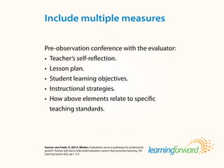 Source: von Frank, V. (2013, Winter). Evaluations serve as pathways for professional
growth: Teacher-led teams help build evaluation system that promotes learning. The
Learning System 8(2), pp.1, 4-5.
Pre-observation conference with the evaluator:
•	 Teacher’s self-reflection.
•	 Lesson plan.
•	 Student learning objectives.
•	 Instructional strategies.
•	 How above elements relate to specific
teaching standards.
Include multiple measures
 