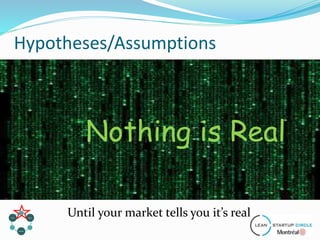 Hypotheses/Assumptions
Nothing is Real
Until your market tells you it’s real
 