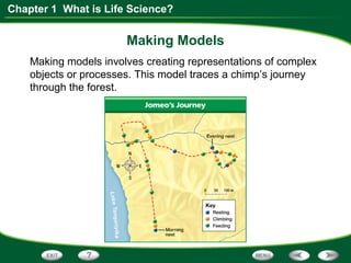 Chapter 1 What is Life Science?
Making Models
Making models involves creating representations of complex
objects or processes. This model traces a chimp’s journey
through the forest.
 