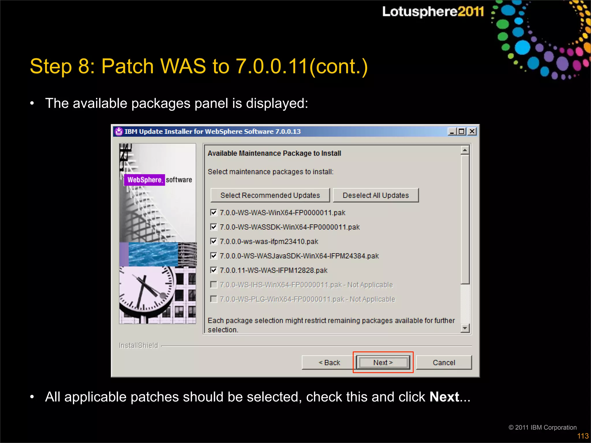 Step 8: Patch WAS to 7.0.0.11(cont.)
• The available packages panel is displayed:




• All applicable patches should be selected, check this and click Next...

                                                                            © 2011 IBM Corporation
                                                                                                     113
 