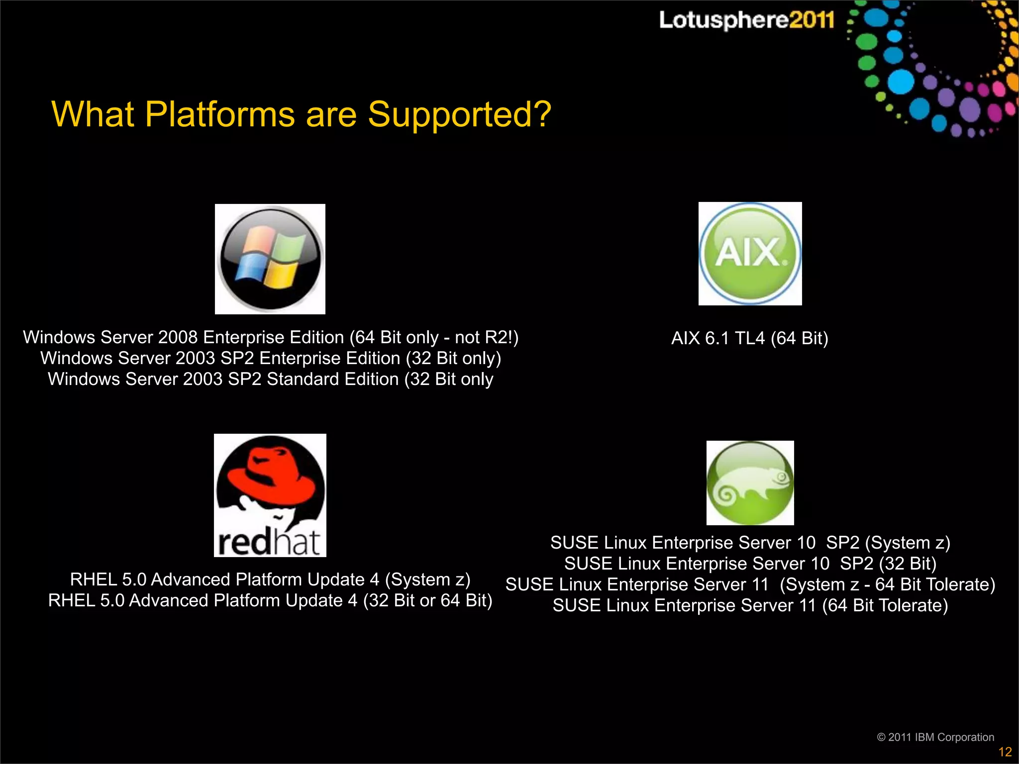 What Platforms are Supported?




Windows Server 2008 Enterprise Edition (64 Bit only - not R2!)                AIX 6.1 TL4 (64 Bit)
 Windows Server 2003 SP2 Enterprise Edition (32 Bit only)
  Windows Server 2003 SP2 Standard Edition (32 Bit only




                                                              SUSE Linux Enterprise Server 10 SP2 (System z)
                                                                SUSE Linux Enterprise Server 10 SP2 (32 Bit)
     RHEL 5.0 Advanced Platform Update 4 (System z)       SUSE Linux Enterprise Server 11 (System z - 64 Bit Tolerate)
   RHEL 5.0 Advanced Platform Update 4 (32 Bit or 64 Bit)     SUSE Linux Enterprise Server 11 (64 Bit Tolerate)




                                                                                                       © 2011 IBM Corporation
                                                                                                                                12
 