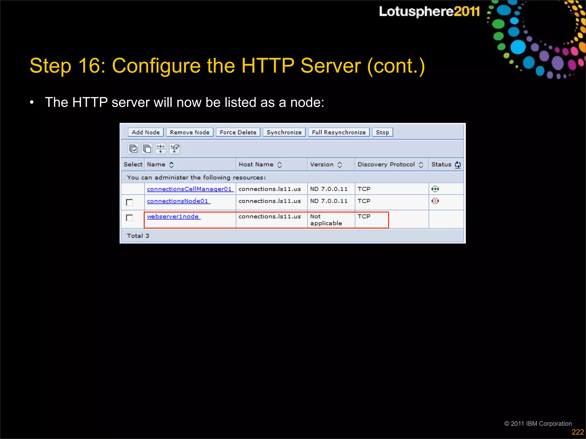 Step 16: Configure the HTTP Server (cont.)
• The HTTP server will now be listed as a node:




                                                  © 2011 IBM Corporation
                                                                       222
 