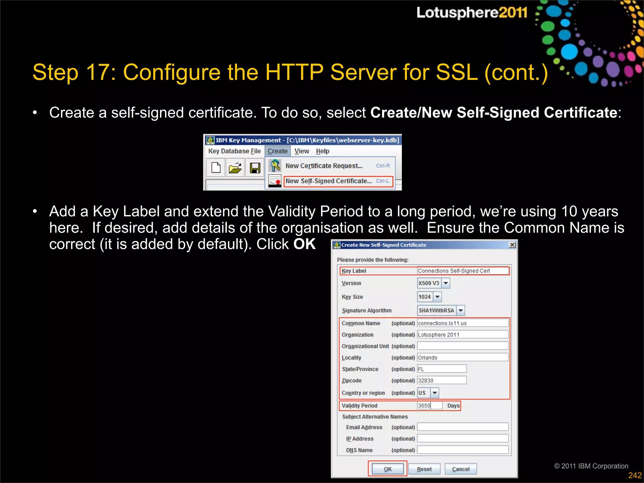 Step 17: Configure the HTTP Server for SSL (cont.)
• Create a self-signed certificate. To do so, select Create/New Self-Signed Certificate:




• Add a Key Label and extend the Validity Period to a long period, we’re using 10 years
  here. If desired, add details of the organisation as well. Ensure the Common Name is
  correct (it is added by default). Click OK




                                                                             © 2011 IBM Corporation
                                                                                                  242
 