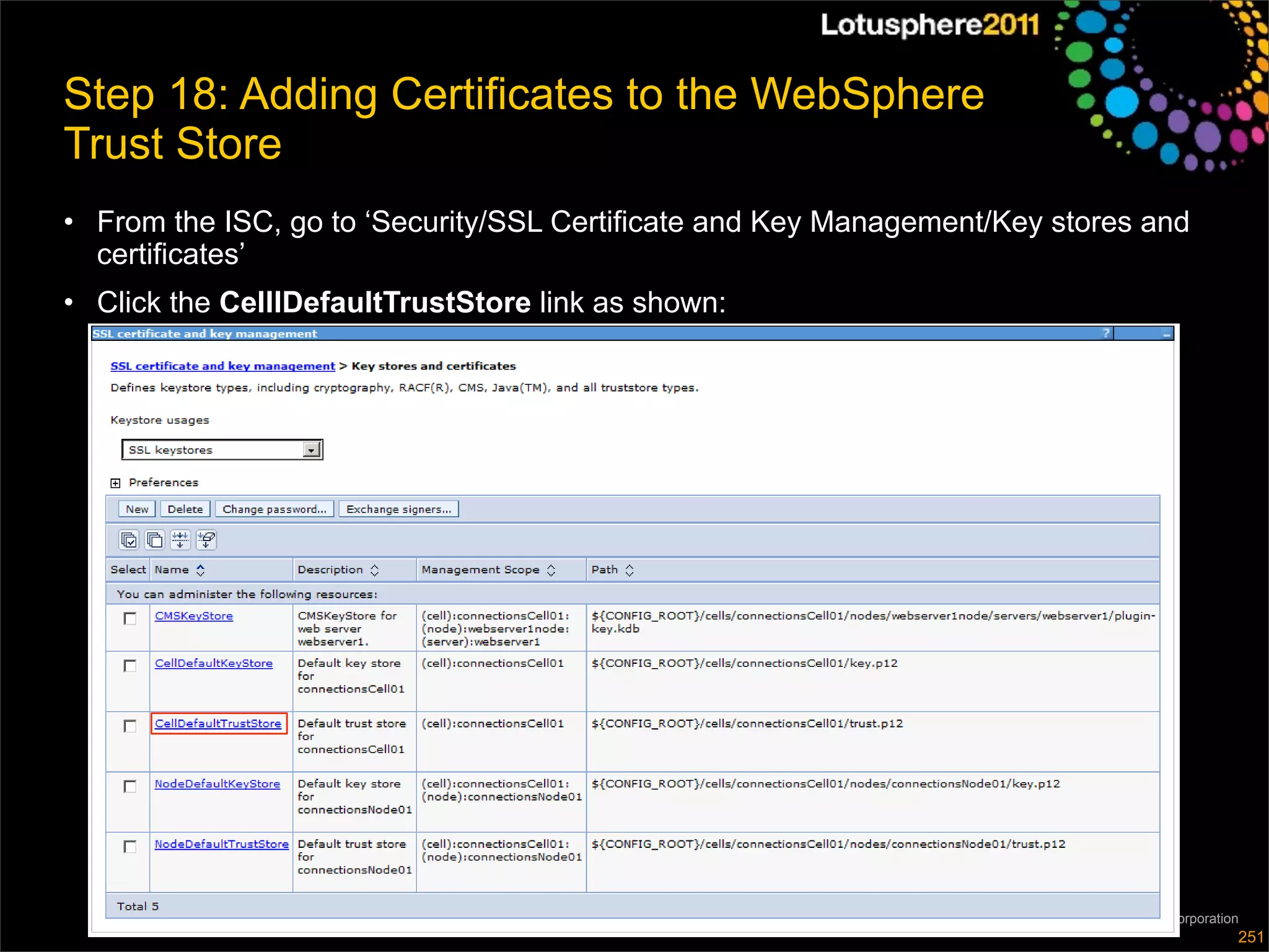 Step 18: Adding Certificates to the WebSphere
Trust Store
• From the ISC, go to ‘Security/SSL Certificate and Key Management/Key stores and
  certificates’
• Click the CelllDefaultTrustStore link as shown:




                                                                         © 2011 IBM Corporation
                                                                                              251
 