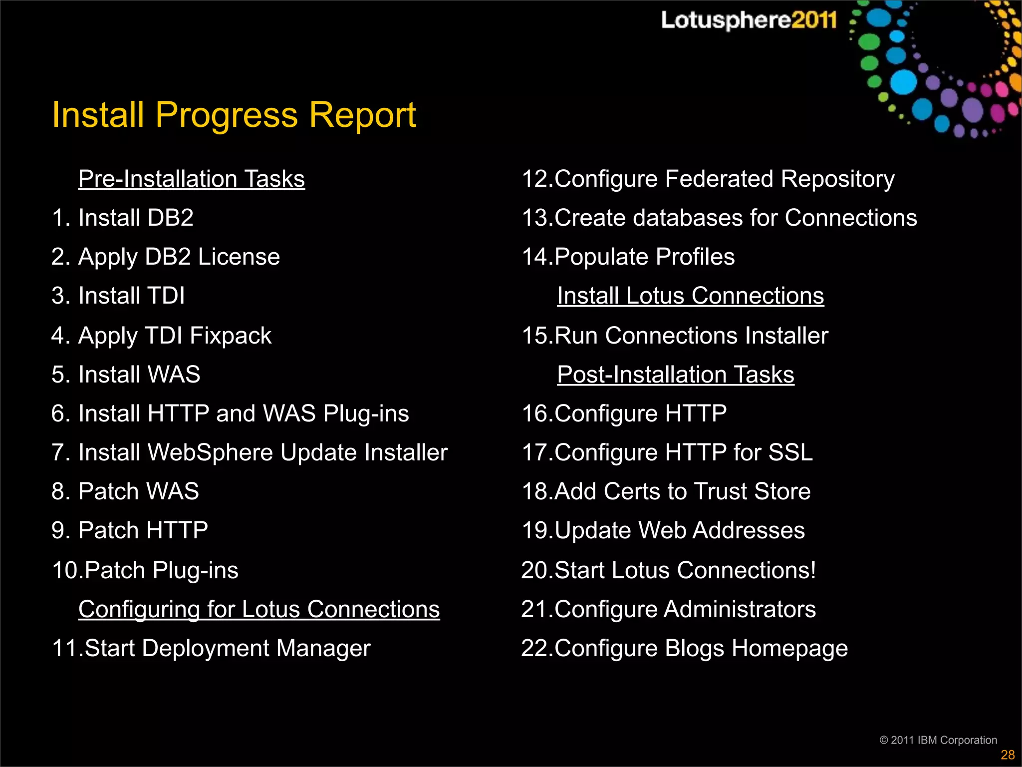 Install Progress Report
  Pre-Installation Tasks                12.Configure Federated Repository
1. Install DB2                          13.Create databases for Connections
2. Apply DB2 License                    14.Populate Profiles
3. Install TDI                             Install Lotus Connections
4. Apply TDI Fixpack                    15.Run Connections Installer
5. Install WAS                             Post-Installation Tasks
6. Install HTTP and WAS Plug-ins        16.Configure HTTP
7. Install WebSphere Update Installer   17.Configure HTTP for SSL
8. Patch WAS                            18.Add Certs to Trust Store
9. Patch HTTP                           19.Update Web Addresses
10.Patch Plug-ins                       20.Start Lotus Connections!
  Configuring for Lotus Connections     21.Configure Administrators
11.Start Deployment Manager             22.Configure Blogs Homepage


                                                                       © 2011 IBM Corporation
                                                                                                28
 