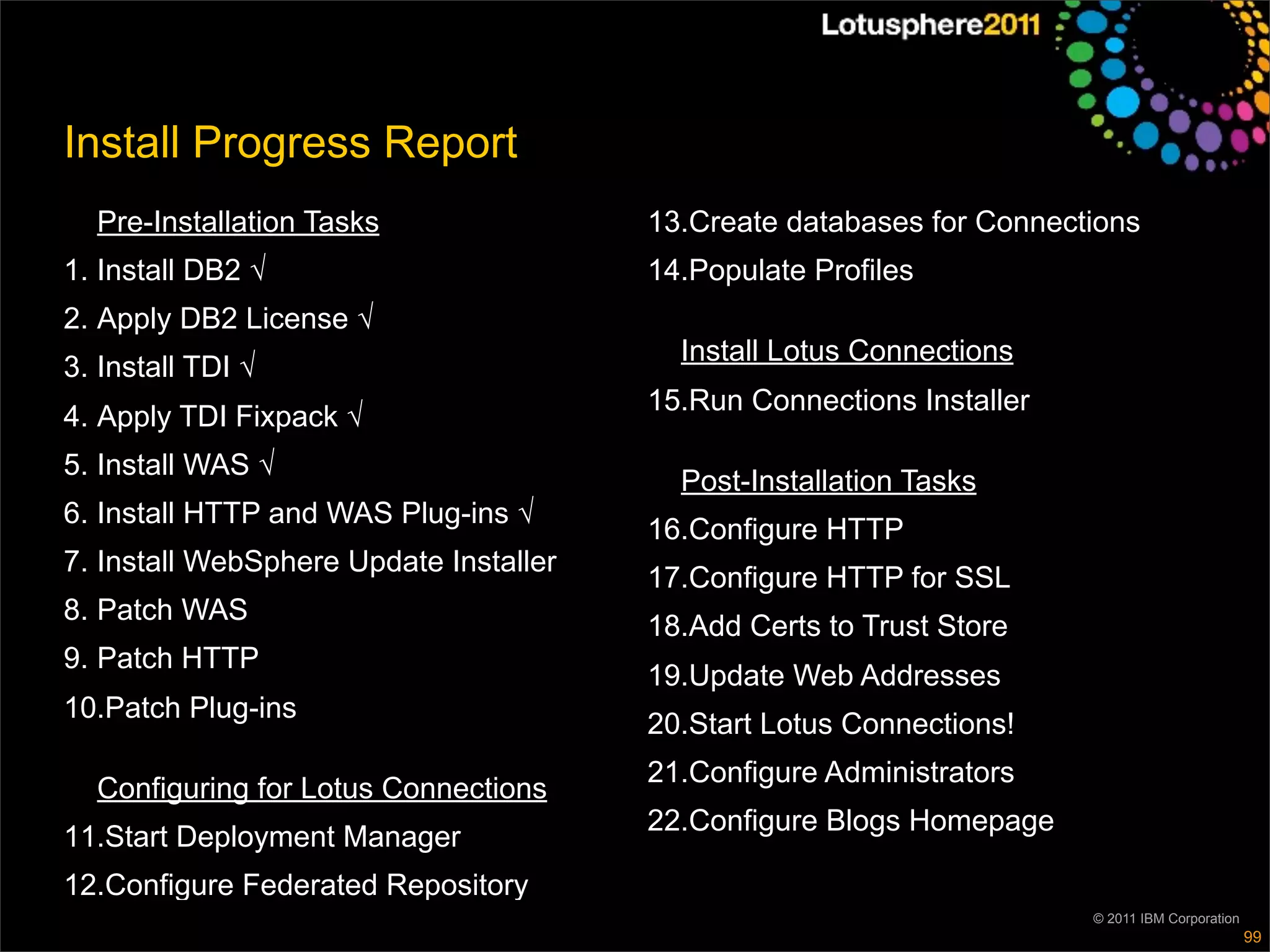 Install Progress Report
  Pre-Installation Tasks                13.Create databases for Connections
1. Install DB2 √                        14.Populate Profiles
2. Apply DB2 License √
                                          Install Lotus Connections
3. Install TDI √
                                        15.Run Connections Installer
4. Apply TDI Fixpack √
5. Install WAS √
                                          Post-Installation Tasks
6. Install HTTP and WAS Plug-ins √
                                        16.Configure HTTP
7. Install WebSphere Update Installer
                                        17.Configure HTTP for SSL
8. Patch WAS
                                        18.Add Certs to Trust Store
9. Patch HTTP
                                        19.Update Web Addresses
10.Patch Plug-ins
                                        20.Start Lotus Connections!
                                        21.Configure Administrators
  Configuring for Lotus Connections
                                        22.Configure Blogs Homepage
11.Start Deployment Manager
12.Configure Federated Repository
                                                                       © 2011 IBM Corporation
                                                                                                99
 