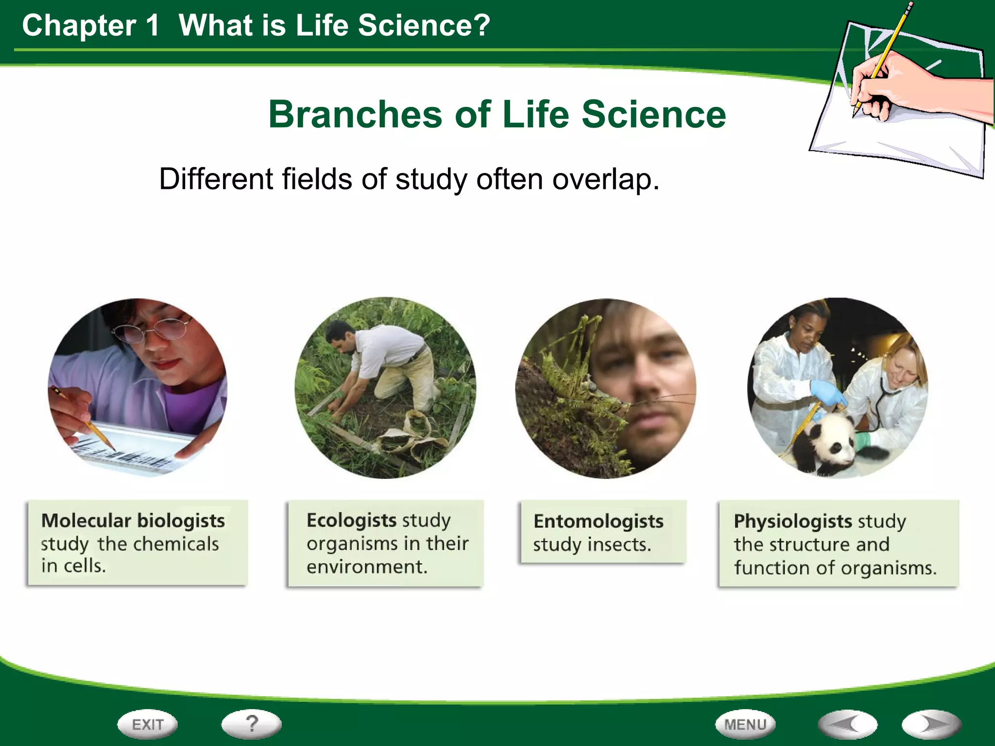 Chapter 1 What is Life Science?
Branches of Life Science
Different fields of study often overlap.
 