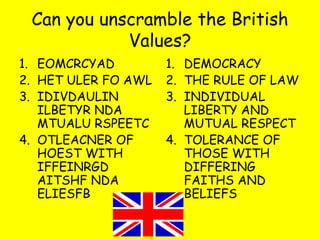 Can you unscramble the British
Values?
1. EOMCRCYAD
2. HET ULER FO AWL
3. IDIVDAULIN
ILBETYR NDA
MTUALU RSPEETC
4. OTLEACNER OF
HOEST WITH
IFFEINRGD
AITSHF NDA
ELIESFB
1. DEMOCRACY
2. THE RULE OF LAW
3. INDIVIDUAL
LIBERTY AND
MUTUAL RESPECT
4. TOLERANCE OF
THOSE WITH
DIFFERING
FAITHS AND
BELIEFS
 