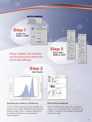 Step 1
             Load your
             SOM or SOP




                                                            Step 2
                                                                Click Start
    Power, flexibility and simplictiy                           SOM or SOP
    are the driving force behind the
    LS 13 320 software.


                                 Step 3
                                     Get results




Presenting your results in a flexible way                Efficient data management

The LS 13 320 software offers great flexibility when     The LS 13 320 software allows the customization
presenting your results. Whether for pharmaceutical,     of data output and printed reports. Through the use
industrial, quality control, or research applications,   of SOP’s or preference files, design the report that
the software will satisfy any requirements for           best fits your needs.
data presentation.

                                                                                                                3
 