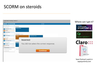 SCORM on steroids
Where can I get it?
Sean Putman’s work in
xapiquarterly.com
 