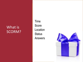 What is
SCORM?
Time
Score
Location
Status
Answers
 