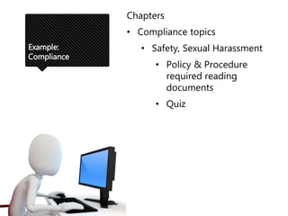 Example:
Compliance
Chapters
• Compliance topics
• Safety, Sexual Harassment
• Policy & Procedure
required reading
documents
• Quiz
 