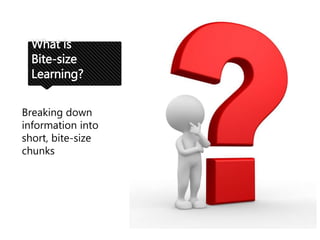 What is
Bite-size
Learning?
Breaking down
information into
short, bite-size
chunks
 
