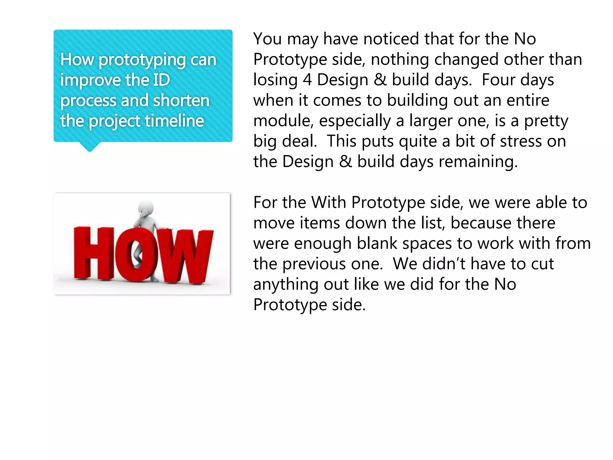 How prototyping can
improve the ID
process and shorten
the project timeline
You may have noticed that for the No
Prototype side, nothing changed other than
losing 4 Design & build days. Four days
when it comes to building out an entire
module, especially a larger one, is a pretty
big deal. This puts quite a bit of stress on
the Design & build days remaining.
For the With Prototype side, we were able to
move items down the list, because there
were enough blank spaces to work with from
the previous one. We didn’t have to cut
anything out like we did for the No
Prototype side.
 