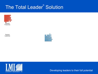 Personal ProductivityTimeManagementGoal Settingand MeasurementPlanningandPriority ManagementDelegationandTeam ProductivityThe Total Leader® Solution
