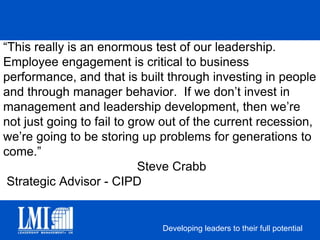 “Personal leadership is the most important element of institutional transformation.” - Lou Gerstner Former CEO - IBMPersonalProductivity“75 percent of CEOs see personal mastery as the most relevant competency to their leadership effectiveness.” - Kevin CashmanLeadership From the Inside OutPersonalLeadership“If you seek to lead, invest at least 50% of your time leading yourself – your own purpose, ethics, principles, motivation, conduct.” - Dee Hock  Founder – Visa InternationalStrategicLeadershipMotivationalLeadershipThe Total Leader® Solution