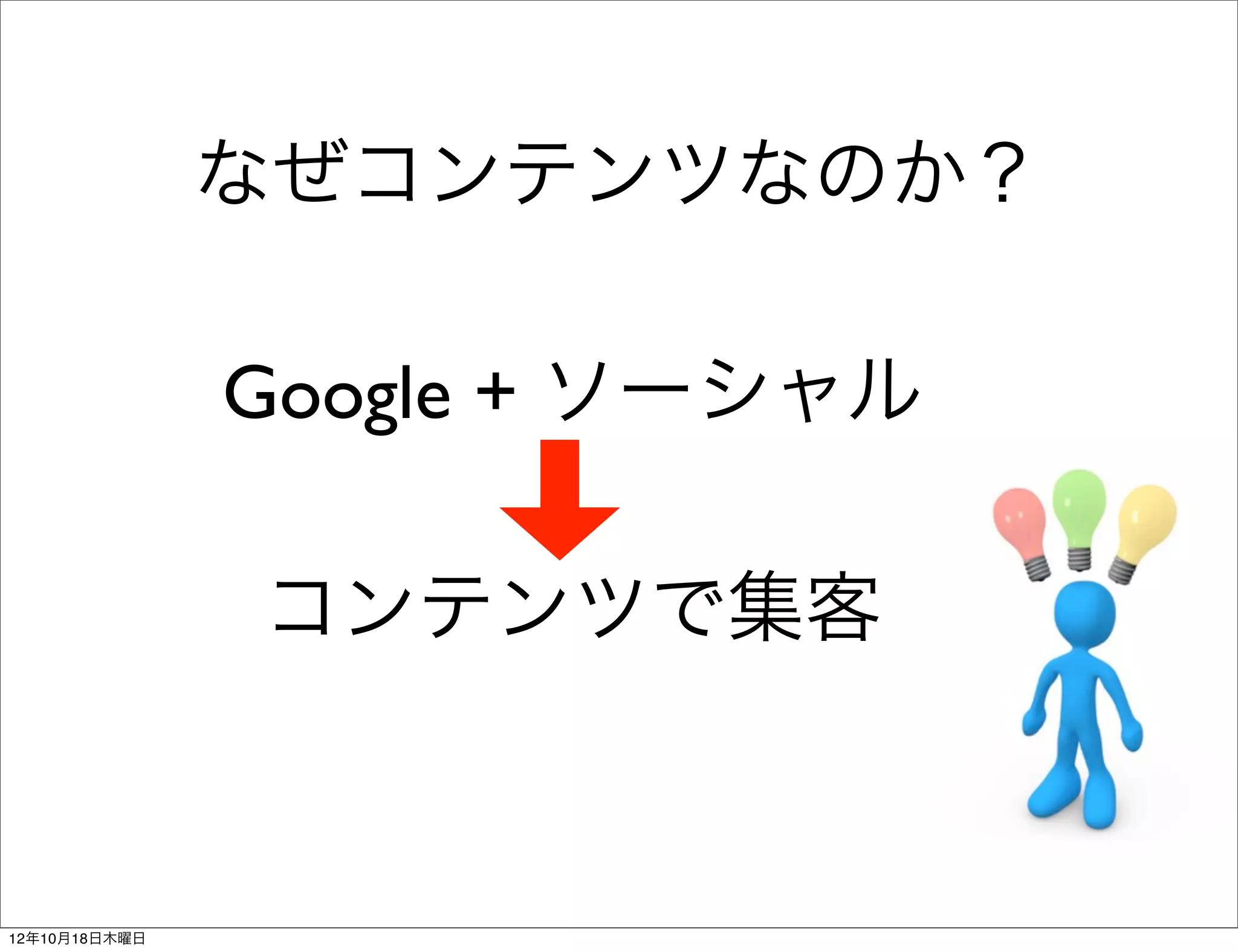 なぜコンテンツなのか？

               Google + ソーシャル

               コンテンツで集客


12年10月18日木曜日
 