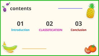 Introduction CLASSIFICATION Conclusion
01 02 03
contents
 