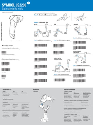 SYMBOL LS2208
http://www.symbol.com/ls2208
RS-232 USB
Interfaz De T do
(Keyboard Wedge)
IBM 46XX
Paso 3 - Lea las siguientes opciones
PC/AT IBM y PC COMPATIBLE CON IBM
PUERTO 5B
PUERTO 9B
Paso3-LeaUNAdelasopcionessiguiente
Paso3-LeaUNAdelasopcionessiguiente
Paso3-LeaUNAdelasopcionessiguiente Paso3-LeaUNAdelasopcionessiguiente
RS-232 ESTÁNDAR
ICL RS-232
NIXDORF RS-232 MODO A
NIXDORF RS-232 MODO B
FUJITSU RS-232
OPOS/JPOS
SYMBOL WAND
ACTIVAR CONVERSIÓN A CÓDIGO 39
DESACTIVAR CONVERSIÓN A CÓDIGO 39
EMULACIONES DE TECLADO HID
PORTÁTIL USB DE IBM
Retorno de carro/Nueva línea
OPCIONES DE LECTURA
<DATA><SUFFIX>
INTRODUCIR
Establecerconfiguraciónpredeterminada
ESTABLECER CONFIGURACIÓN PREDETERMINADA
Indicaciones LED
Apagado
El lector está encendido
y listo para leer o el lector
no recibe alimentación
Verde
Lectura de código
de barras correcta
Rojo
Error de transmisión
Bip grave/agudo
Secuencia de programación
incorrecta o código de
barras de cancelación leído
Bip agudo/grave
Encendido Lectura de código
de barras
Error de transmisión
detectado; la información
se omitirá
Bip agudo/grave/
agudo/grave
La configuración de los
parámetros se ha realizado
correctamente
Secuencia de
programación
correcta
Lectura de menú de parámetros
Bip grave/medio/agudo Bip medio breve 4 bips largos y graves
Uso estándar
Indicadores sonoros
El lector no recibe
alimentación
Compruebe la alimentación
del sistema; asegúrese de
que la fuente de alimentación
está conectada, si se necesitase
Cable de
interfaz incorrecto
Los cables de interfaz o
de alimentación no están
bien conectados
Asegúrese de que está
empleando el cable
de interfaz correcto
Asegúrese de que todas
las conexiones están
bien establecidas
El lector no funciona
El lector lee el código de barras, pero el host no recibe los datos
El lector no está programado para
la interfaz de host correcto
Leer códigos de barras de parámetros
de host apropiados.
El cable de interfaz
no está bien conectado
Asegúrese de que todas las
conexiones están bien establecidas
El lector no está programado para la interfaz de host correcto
Leer códigos de barras de parámetros de host apropiados.
Los datos leídos no se muestran correctamente en el host
El lector no lee el código de barras
Error al leer el código
de barras
Asegúrese de que el código
de barras no está defectuoso;
ntente leer un código
de prueba del mismo tipo
Distancia incorrecta
entre el lector y el
código de barras
Acerque el lector al código
de barras o aléjelo
El lector no está programado
para el tipo de código
de barras
Asegúrese de que el lector
está programado para leer
este tipo de código de barras
Solución de problemas
Paso 2 - Conexión al host
Paso 1 - Conexión / Desconexión de cable
Nota: Los cables pueden variar dependiendo de la configuración.
Parámetros diversos
Guía rápida de inicio
IntelliStand
Accesorios
Emulación de lápiz
óptico (Wand)
 
