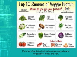 Eat a lot of protein-rich foods such as soya beans,
vegetables, meat, and fish.
 