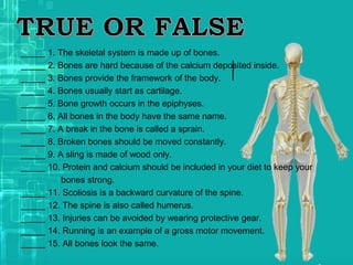 _____ 1. The skeletal system is made up of bones.
_____ 2. Bones are hard because of the calcium deposited inside.
_____ 3. Bones provide the framework of the body.
_____ 4. Bones usually start as cartilage.
_____ 5. Bone growth occurs in the epiphyses.
_____ 6. All bones in the body have the same name.
_____ 7. A break in the bone is called a sprain.
_____ 8. Broken bones should be moved constantly.
_____ 9. A sling is made of wood only.
_____ 10. Protein and calcium should be included in your diet to keep your
bones strong.
_____ 11. Scoliosis is a backward curvature of the spine.
_____ 12. The spine is also called humerus.
_____ 13. Injuries can be avoided by wearing protective gear.
_____ 14. Running is an example of a gross motor movement.
_____ 15. All bones look the same.
 